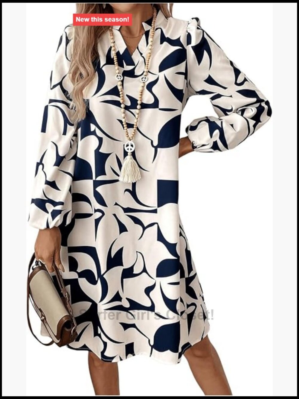 Geometric Print V-Neck Lantern Dress Long Sleeve Sheath Polyester